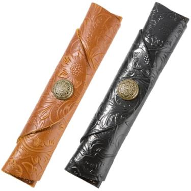 Imagem de GORGECRAFT 2 peças, 2 cores, estojo de couro PU, vintage, esculpido, porta-canetas, enrolado, estojo, estojo, papelaria, presente para escola, casa, escritório, estudantes, marrom, preto