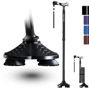 Imagem de KingPavonini Bengala de caminhada para homens e mulheres, bengala dobrável de pé livre, cabo ergonômico, pivotante, base quádrupla, resistente, 158 kg, bengala ajustável para idosos equilíbrio com