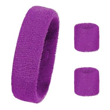 Imagem de Bandas de suor de treino, pulseiras esportivas dos anos 80 para mulheres e homens, faixas atléticas para basquete, tênis, beisebol, faixa de cabeça e pulseiras elásticas antiderrapantes neon roxo