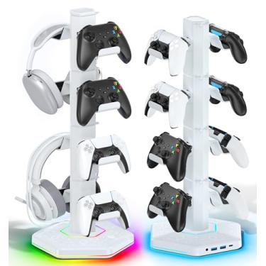 Imagem de Kytok Suporte de controle RGB para PS5/PS4/Xbox/Switch, suporte de fone de ouvido com 2 portas de carregamento USB e conector tipo C e fone de ouvido, suporte para fone de ouvido com organizador de