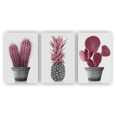 Imagem de Kit Placas Quadro Decorativos 3Peças 60X40 Floral Cacto Rosa
