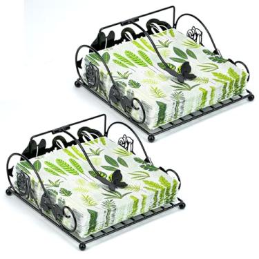 Imagem de JINGIHE Suporte de guardanapo rosa de 2 peças para mesa com braço de peso, dispensador de guardanapo de metal plano, cesta de arame de toalha de papel rústica para cozinha jantar coquetel banheiro