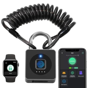 Imagem de Cadeado de impressão digital com cabo 130 cm eLinkSmart bloqueio de impressão digital aplicativo desbloqueio sem chave biométrico ao ar livre cadeado impermeável para armário de academia capacete