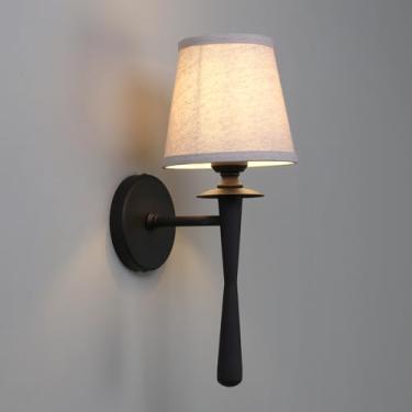 Imagem de PERMO Arandela de parede vintage com abajur de pano de linho, arandelas pretas com fio, base E26, luminária de parede para quarto, sala de estar, corredor, hall de entrada