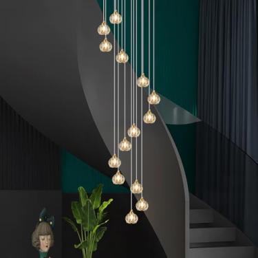 Imagem de Weesalife Lustres de cristal para escadas, lustres modernos dourados 14 claros para tetos altos, luminária pendente de cristal para sala de estar, cozinha, ilha, hall de entrada, corredor, bar