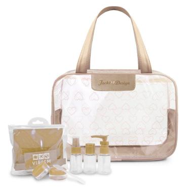Imagem de Kit De Bolsa Transparente E Frascos De Viagem De 7 Peças Bege
