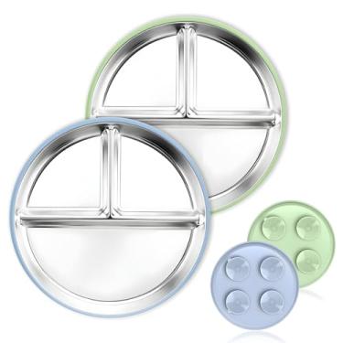 Imagem de Blissleaf 2 peças de prato infantil de aço inoxidável com sucção, pratos divididos de metal com mangas de silicone removíveis para crianças, pratos de lanche antiderrapantes inquebráveis para bebês