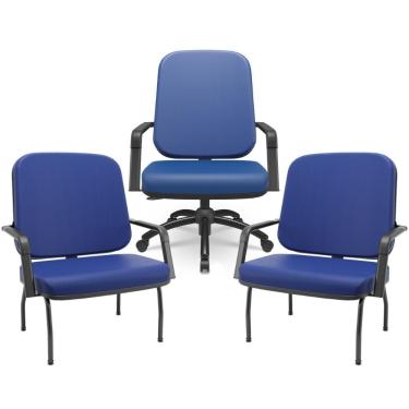 Imagem de Kit Cadeira De Escritório Giratória E 2 Cadeiras Fixas Preta Magno P03 Vinil Azul - Lyam Decor