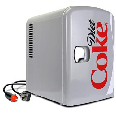 Imagem de Mini geladeira Diet Coke – Geladeira de 6 latas para quarto, escritório, mesa portátil, refrigerador de bebidas 12V 110V para bebidas, refrigerante, vinho, leite materno, uso no carro, dormitório, ao