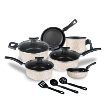 Imagem de Jogo de Panelas Elegance Antiaderente Teflon 9 Peças Tampa Vidro (Off White)