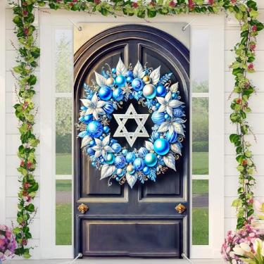 Imagem de BlissYard Hanukkah Bandeira de porta de Natal Estrela de Davi 89 x 189 cm decoração de porta de inverno azul branco com ornamentos de floco de neve para parede interna ou exibição de varanda de