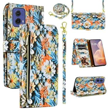 Imagem de Dswteny Capa carteira para Motorola Moto G85 com alça de pulso removível, bolsa com zíper floral couro PU suporte suporte para cartão acessórios capa de celular para XT2427-3 mulheres homens marrom
