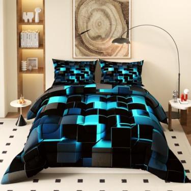 Imagem de Namoxpa Conjunto de edredom preto turquesa, com tema de favo de mel claro, estampa 3D para crianças, adolescentes e adultos, conjunto de edredom decorativo com 2 fronhas, tamanho Queen
