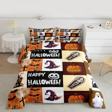 Imagem de Feelyou Conjunto de edredom de Halloween para todas as estações, patchwork, abóbora, caveira, morcego, teia de aranha, roupa de cama infantil, laranja, outono, outono, decoração de quarto, edredom de
