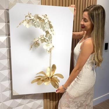 Imagem de Quadro Decorativo Canvas Flores Brancas e Douradas Vertical (CAN2597)