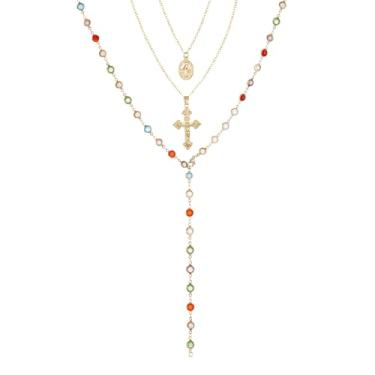 Imagem de Colares femininos Lariat em forma de Y de cristal em camadas ouro 14K cruz sol virgem maria boho hippie joias de strass, Large, Liga de aço, Sem Pedra Preciosa