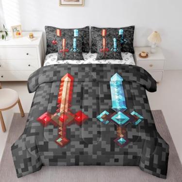 Imagem de Jogo de cama solteiro com espada azul vermelha, 7 peças, decoração de quarto de crianças, meninos, adolescentes, homens, lençol de cima, cinza e preto, camuflado, 2 fronhas, 2 fronhas