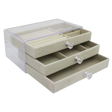 Imagem de Porta Joias com 3 Gavetas, Organizador Multiuso com Divisórias, 20x20x25cm, Veludo Interior (Bege)
