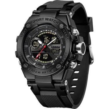 Imagem de Relógio masculino com bisel de liga leve à prova d'água, relógio analógico digital militar, tático, ao ar livre, grande, resistente, relógio de pulso duplo, LED, luminoso, alarme, cronômetro, Preto