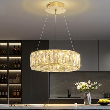Imagem de WOSOHYUN Lustre de cristal dourado moderno 40,6 cm redondo luxuoso K9 luminária pendente de cristal lustre de teto para sala de estar, sala de jantar, escada, cozinha, quarto
