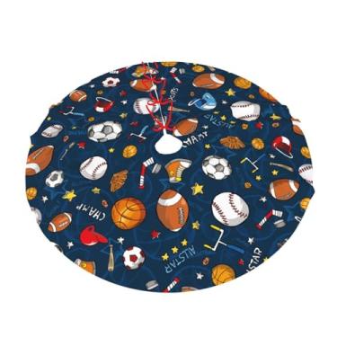 Imagem de Saia de árvore de Natal com tema esportivo de beisebol, futebol, basquete, 121 cm, com franja, para decoração de festa em ambientes internos e externos