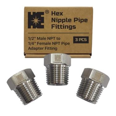 Imagem de Cosmostar 3 peças bucha sextavada redutora de aço inoxidável 304, NPT macho de 1/5.1 cm para NPT fêmea de 1/10.2 cm, adaptador de tubo resistente para aplicações hidráulicas e encanamento