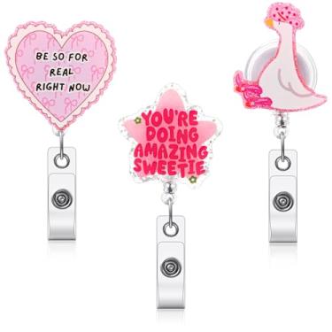 Imagem de Vicenpal 3 peças de carretel de crachá fofo em forma de estrela com clipe retrátil de coração de ganso bobo com clipe de cordão de nylon durável presente para enfermeira médica trabalhadora de