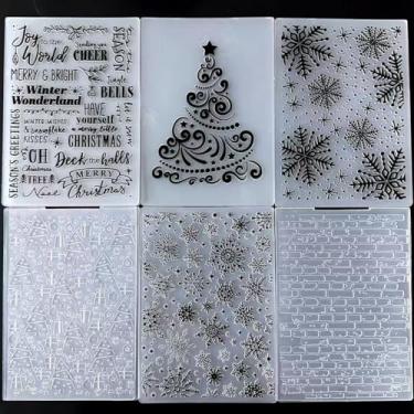 Imagem de 6 pastas em relevo de 12,7 x 17,8 cm, árvore de Natal, parede de tijolos, flocos de neve para fazer cartões, molde de estêncil em relevo, faça você mesmo, molde de decoração de cartão de papel de