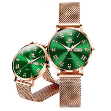 Imagem de OLEVS Relógios baratos femininos analógicos de quartzo, relógio de negócios de aço inoxidável, clássico, à prova d'água, relógio de pulso exclusivo com calendário e janela de data, 2920-Verde-Ouro W