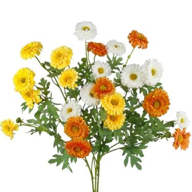Imagem de CISDUEO 3 flores artificiais, 8 ramos de crisântemo branco e laranja