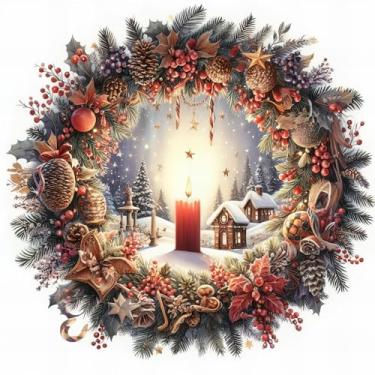 Imagem de Arte de parede com cena de Natal e inverno, guirlanda tradicional com pinhas, frutas vermelhas, vila nevada, decalque decorativo de parede (guirlanda clássica de frutas silvestres)