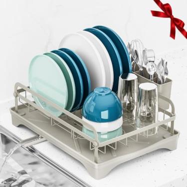 Imagem de arshray Escorredor de pratos para cozinha – Escorredor de pratos para balcão de cozinha, escorredor de pratos com drenagem automática e bico ajustável, suporte para lava-louças com suporte de talheres