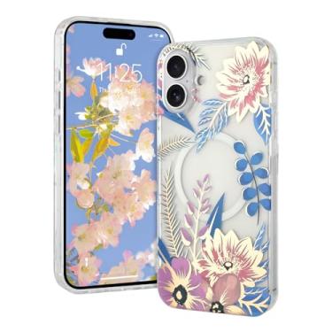 Imagem de AIGOMARA Capa magnética para iPhone 16 [compatível com MagSafe] Design com estampa floral transparente, fina, antiamarelamento, à prova de choque, para mulheres e meninas, flor