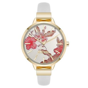 Imagem de Nine West Relógio feminino com mostrador floral e pulseira lisa, Branco