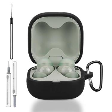 Imagem de Capa para Sony LinkBuds Fit, capa protetora completa de silicone para Sony LinkBuds Fit WF-LS910N, com chaveiro, cordão e kit de limpeza, LED frontal visível, preto