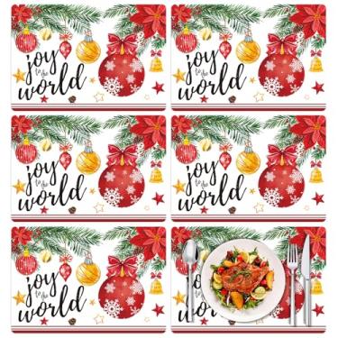 Imagem de Tarklanda Jogo americano de Natal, conjunto de 6 tapetes de mesa de vinil laváveis 28 x 40 cm, aquarela de inverno, floco de neve, bola de Natal, tapete decorativo de plástico para cozinha, jantar