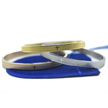 Imagem de Kit Trio Pulseira Bracelete Pai Nosso Aço Prata Dourado Rose - Papillo