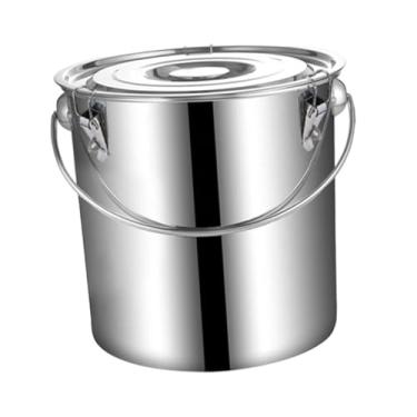 Imagem de ＫＬＫＣＭＳ Balde de aço inoxidável de metal resistente com tampa e alça Balde de sopa multifuncional de aço inoxidável para garagem de areia, 12l