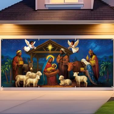 Imagem de Remagr 1 peça de capa de porta de garagem de presépio afro-americano - 2,1 x 4,9 m de fundo de parede de religião de Natal pendurado decorações de garagem para festas de Natal Jesus Cristianismo