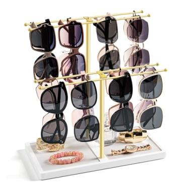 Imagem de Emfogo Organizador de óculos de sol, suporte de óculos de 2 camadas para 16 pares de óculos, expositor de óculos de sol com base de madeira, suporte de óculos para mesa de cabeceira, mesa, cômoda