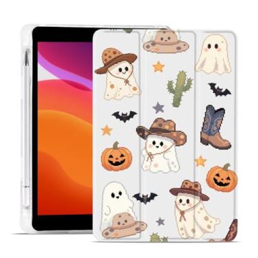 Imagem de MAYCARI Capa de Halloween para iPad de 10,2 polegadas 2021/2020/2019 com suporte para lápis, capa protetora traseira de TPU macio original Pixel Cowboy Ghosts iPad 9ª/8ª/7ª geração, capa protetora