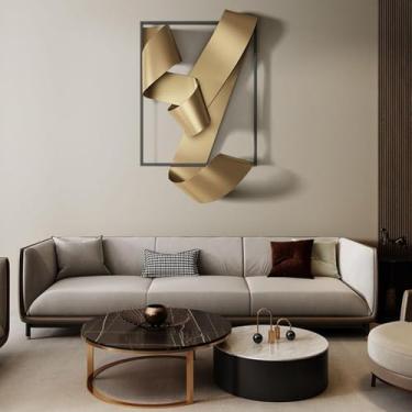 Imagem de YTHLZVBP Arte de parede de metal retangular curvas irregulares modernas geométricas abstratas esculturas para pendurar na parede para sala de estar, 82 cm