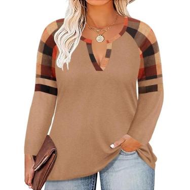 Imagem de Camiseta feminina CARCOS plus size com decote em V, cor em bloco, xadr
