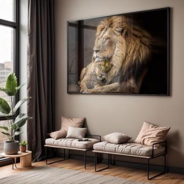 Imagem de Quadro com Moldura e Acrilico Cristal Vidro Sala Quarto Leão Leoa Família Decorativo Horizontal Grande Hall