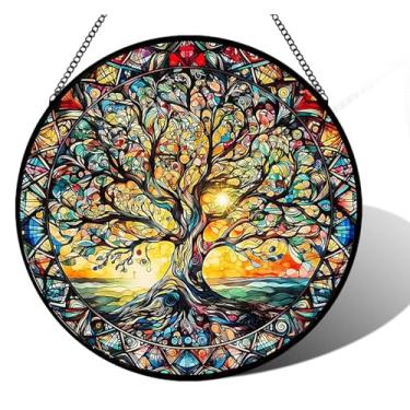 Imagem de Árvore da Vida Suncatcher 20,32 cm x 20,32 cm para pendurar em vitrais – Decoração de janela interna feita à mão, enfeite de jardim – Presentes exclusivos de inauguração de casa, Natal, presentes de