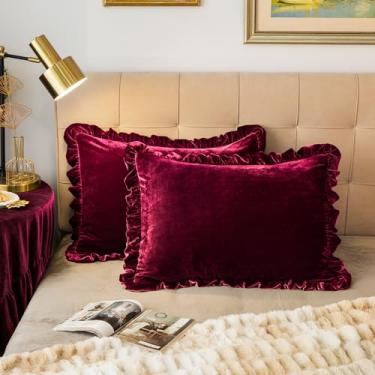 Imagem de GLORY SEASON Conjunto de 2 fronhas de veludo retrô com babados, acabamento macio, decorativo, luxuoso, sólido, amaranto, fazenda, vintage, fronhas para decoração de quarto King 50 x 91 cm