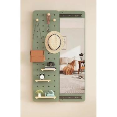 Imagem de Espelho de Corpo Inteiro com Armazenamento Oculto - Espelho Decorativo para Sala com Sistema Push-Pull, 100x55cm e Prateleiras Inclusas (Verde)