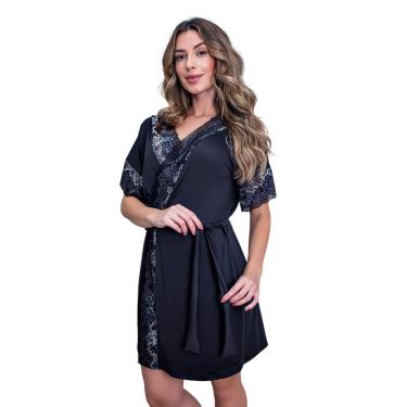 Imagem de Robe de Luxo Microfibra Com Renda Hobby Roupão Roupa de Dormir com Cinto Lingerie Sexy para Noite Especial Manga Curta- PRETO