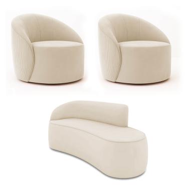 Imagem de Sofá 3 Lugares Orgânico 180cm Morgan e 2 Poltronas Lua Cotelê/Veludo Bege D03 - D'Rossi
