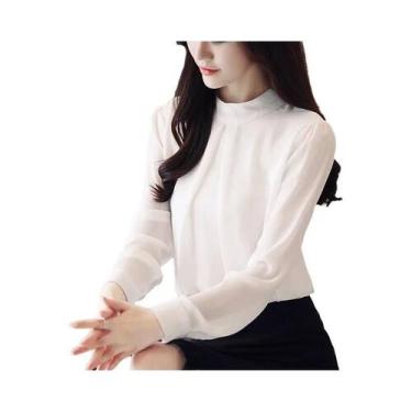 Imagem de Blusa Feminina Branca de Chiffon Manga Comprida - Gola Elegante para E